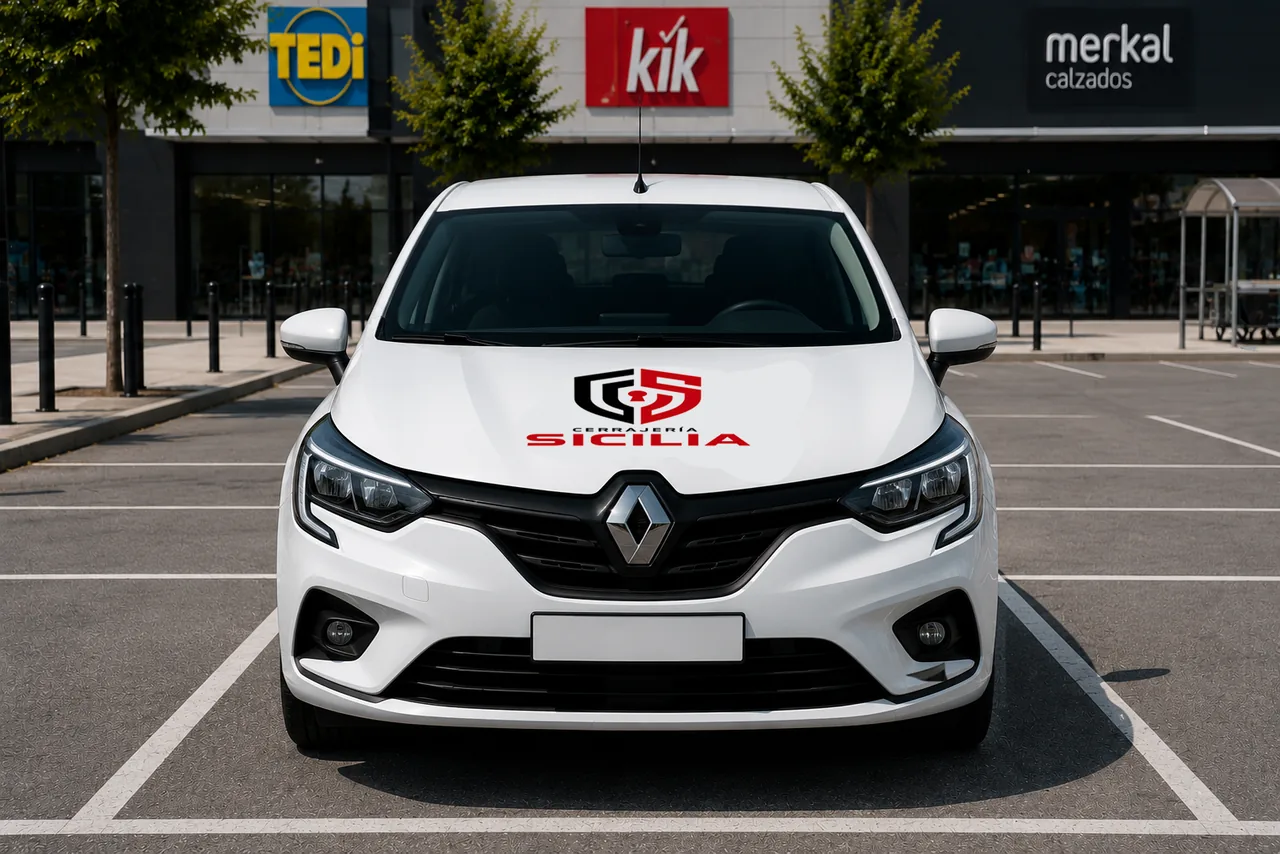 Vista frontal del Renault Clio rotulado para Cerrajería SICILIA