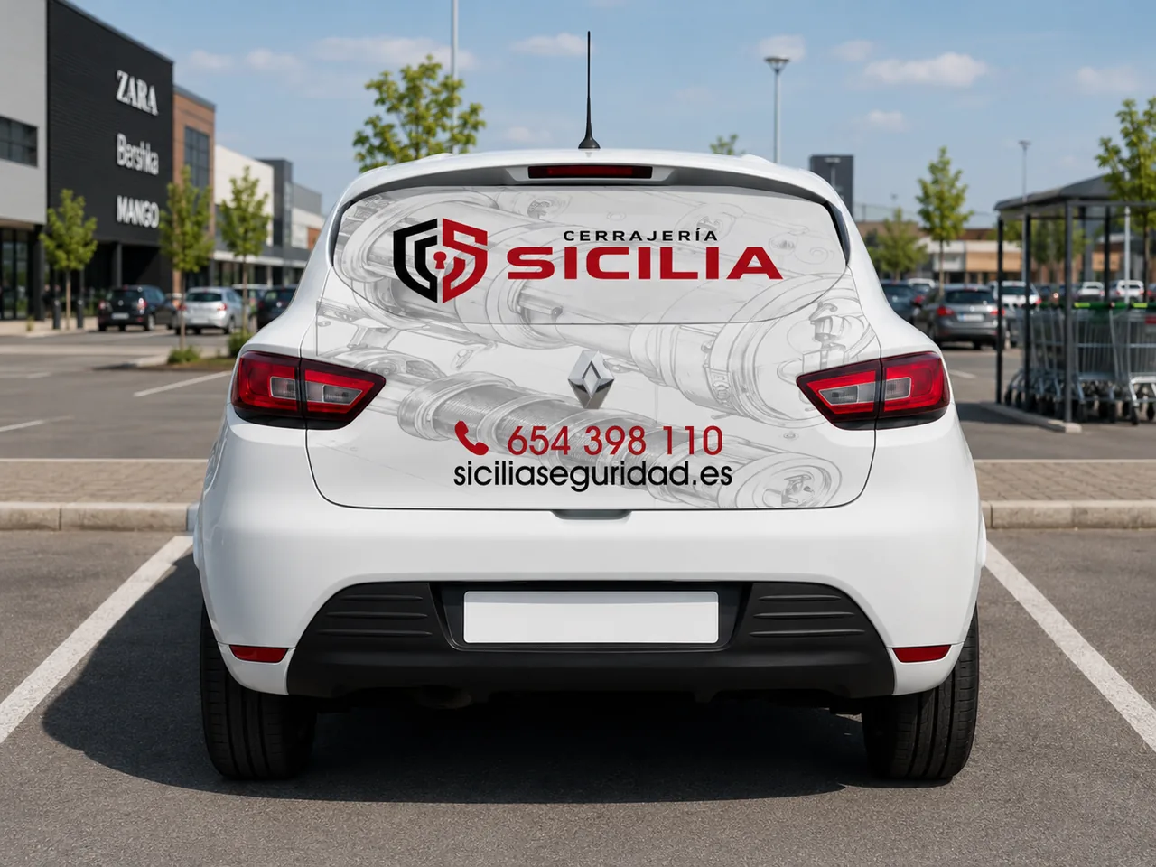 Vista trasera del Renault Clio rotulado para Cerrajería SICILIA